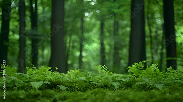 Fototapeta Lush Green Forest Floor with Ferns and Moss