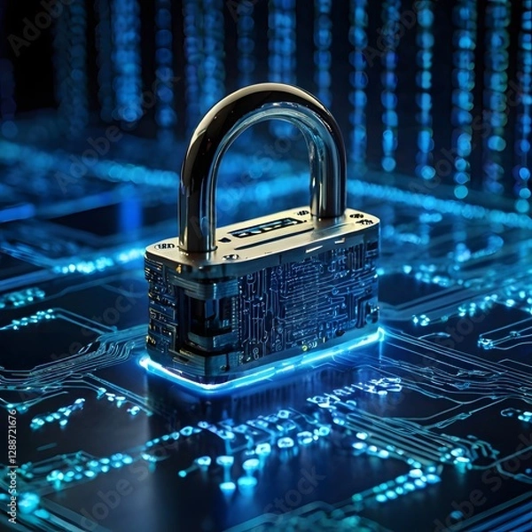 Obraz Futuristic Cybersecurity Concept – Digital Lock & High-Tech Data Protection