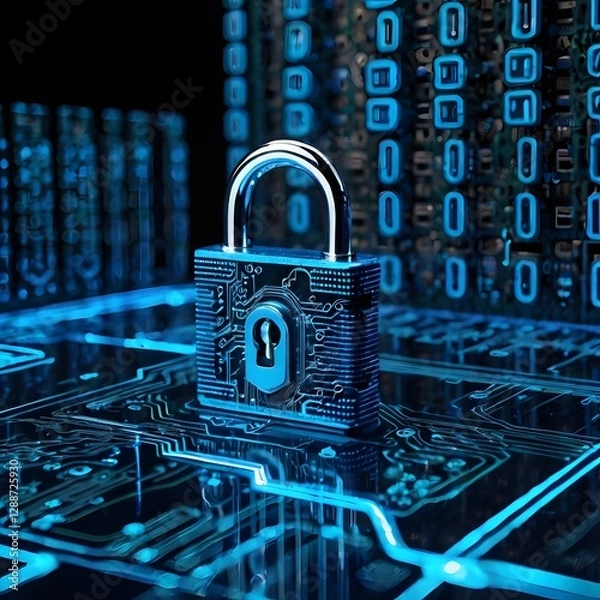 Obraz Futuristic Cybersecurity Concept – Digital Lock & High-Tech Data Protection