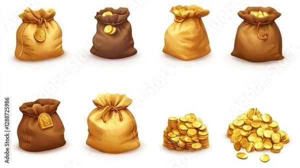 Fototapeta A set of icons for games. Bags of gold. Isolated on a white background