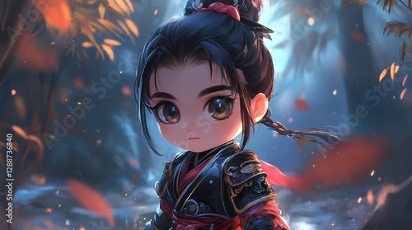 Obraz Enchanting Young Nezha Girl in Traditional Attire Surrounded by Magical Flames and Lights