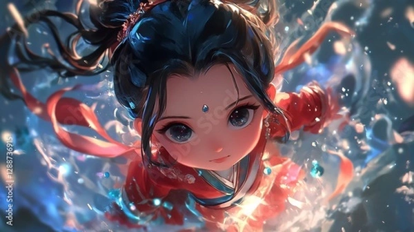 Obraz Enchanting Young Nezha Girl in Traditional Attire Surrounded by Magical Flames and Lights