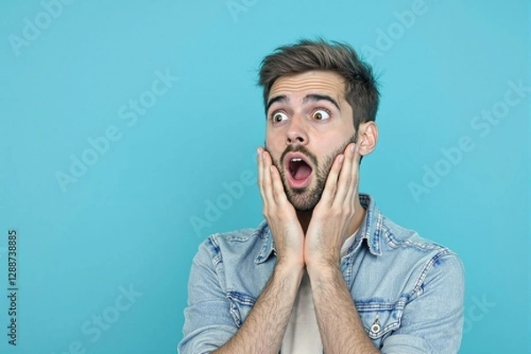 Fototapeta Portrait studio d’un homme choqué sur fond coloré bleu