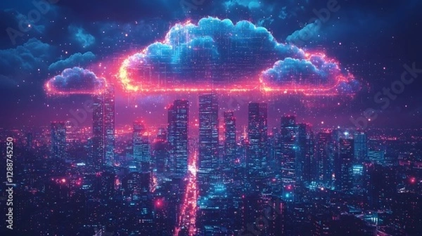 Obraz Vibrant Glowing Cityscape with Luminous Data Clouds Symbolizing Smart City