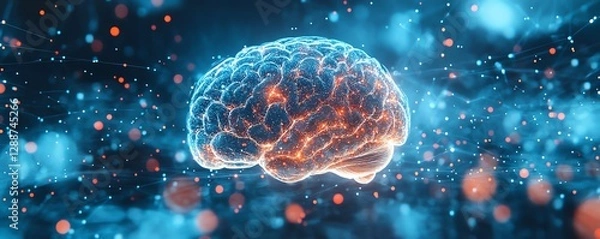 Fototapeta Human brain at the center with a vibrant and abstract light blue background, glowing shapes and patterns symbolizing neural activity and intelligence, ultradetailed, 8K UHD
