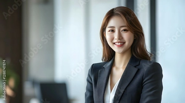 Fototapeta A young businesswoman stands in the office, smiling at the camera against a white background. The full-body shot is captured in natural light