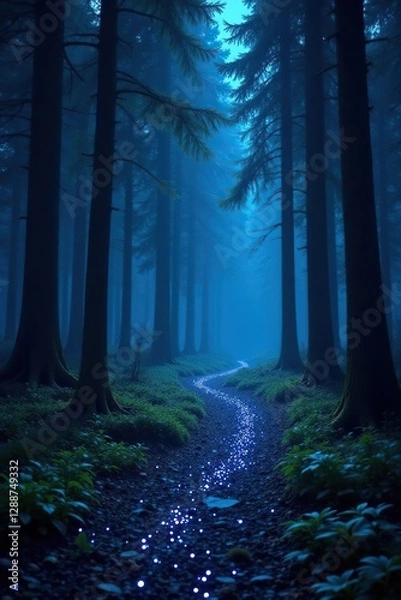 Fototapeta A dark forest with a serpentine path of twinkling blue stars, eerie glow, dark forest