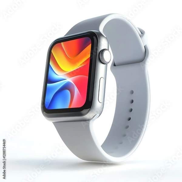 Fototapeta Isolated on white background 3D rendering. Modern smartwatch with vibrant display design.