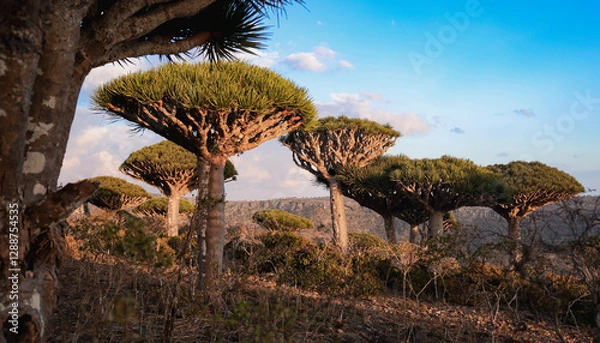 Fototapeta Unique dragon blood trees flourish under the clear sky on Socotra Island during golden hour
