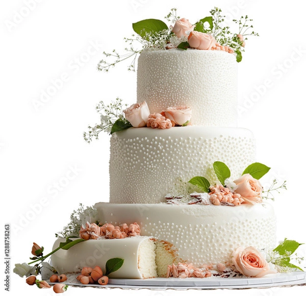 Fototapeta A stunning three-tiered white wedding cake adorned with delicate pearl-like icing, blush roses, and greenery, with a slice removed to reveal its soft interior.