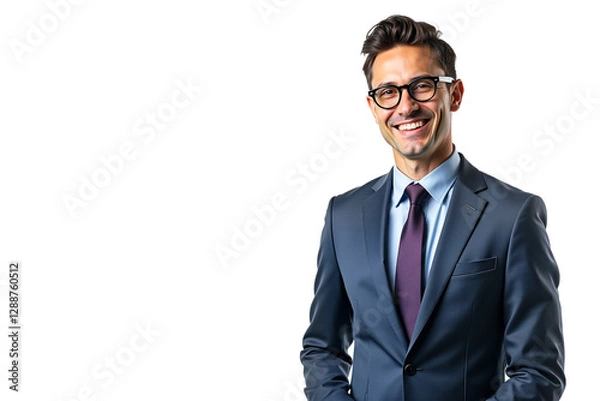 Fototapeta Confident smiling businessman portrait isolated on transparent background. Professional headshot for corporate website, profile, marketing, or presentation. Versatile business image.