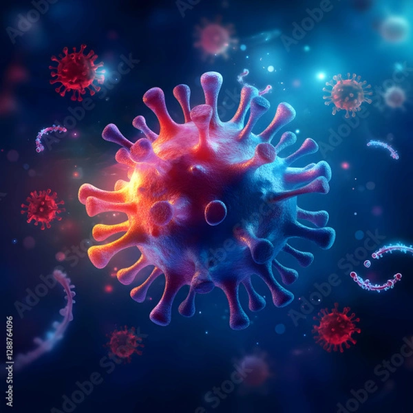 Fototapeta A vivid depiction of a virus, showcasing its intricate structure and vibrant colors, representing modern scientific study.
