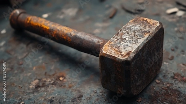 Fototapeta Close-up of a Rusty Sledgehammer on a Worn Metal Surface