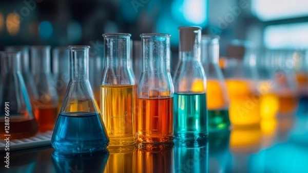 Fototapeta Experimenting with colorful liquids in beakers laboratory photography science setting closeup chemistry concept