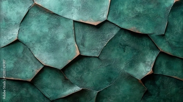 Fototapeta Green tile texture with rough and weathered bronze edges