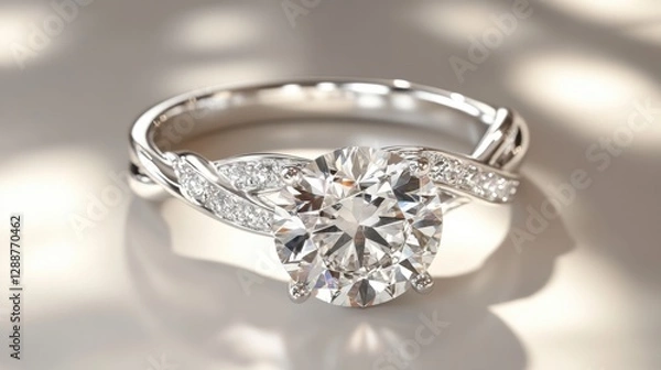 Fototapeta A unique small diamond ring with an intricate twisted band, isolated on a neutral background.