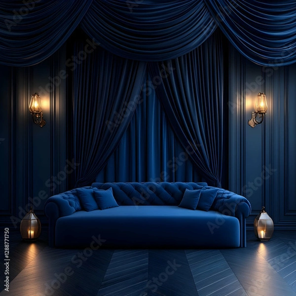 Fototapeta Elegant blue velvet couch in a luxurious interior with dramatic drapes and ambient lighting, creating a cozy atmosphere.