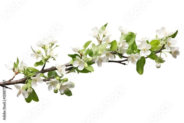Fototapeta Branch of Vernicia fordii tree adorned with fresh blossoms and soft foliage isolated on white background