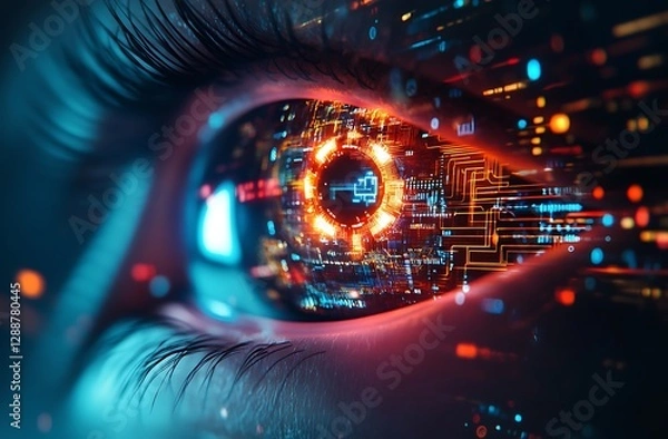 Fototapeta Close up of a futuristic eye with digital data and a key symbol.