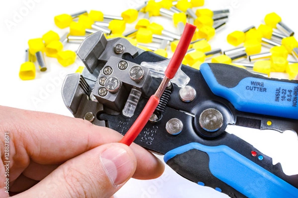 Obraz Wires stripper in master hand and cord end terminals