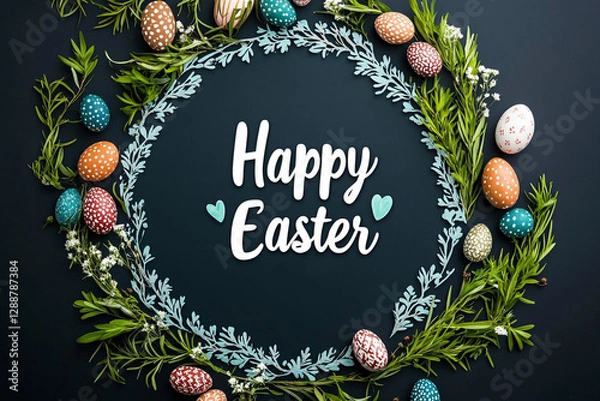 Fototapeta Easter banner, poster, greeting card. Trendy Easter design with typography. Happy Easter. Round frame