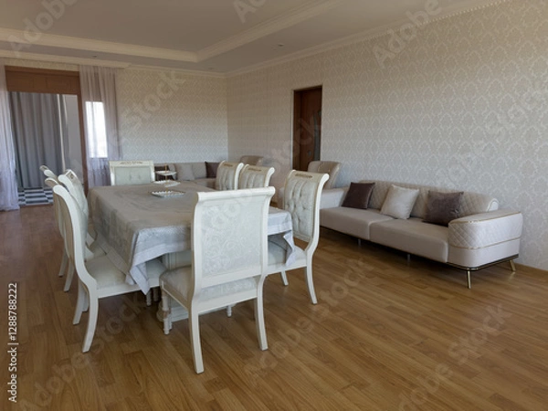 Fototapeta White room with dining table with chairs for guests