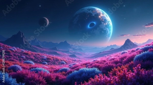 Fototapeta A planet covered in endless fields of bioluminescent flora, pulsating in rhythmic waves of neon light beneath a sky filled with drifting stardust.