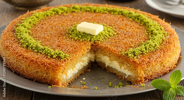Obraz Deliciously Sweet Kunafa with Melting Cheese and Pistachios