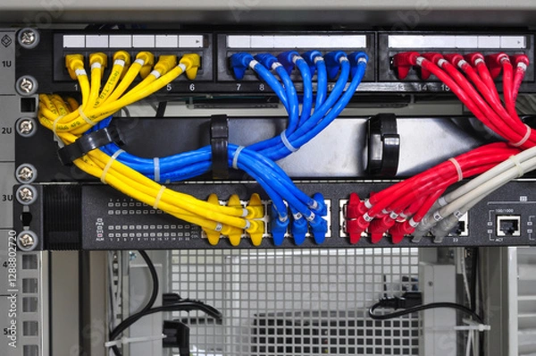 Obraz Colorful network cables management in a data center