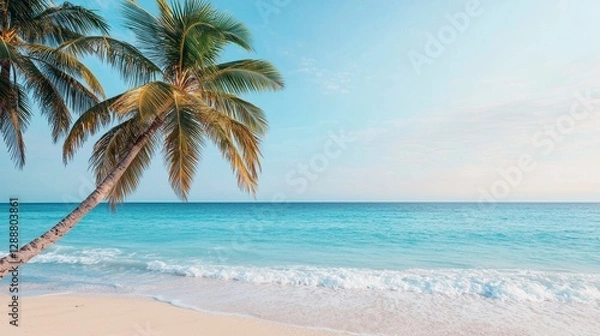 Fototapeta Swaying Palm Trees by Crystal Clear Beach in Gentle Breeze