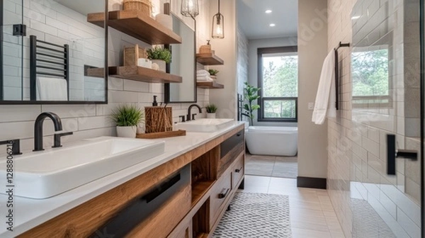 Fototapeta Sleek and modern bathroom with a double white ceramic sink, open shelving, and bold black fixtures for a striking contrast in the space.