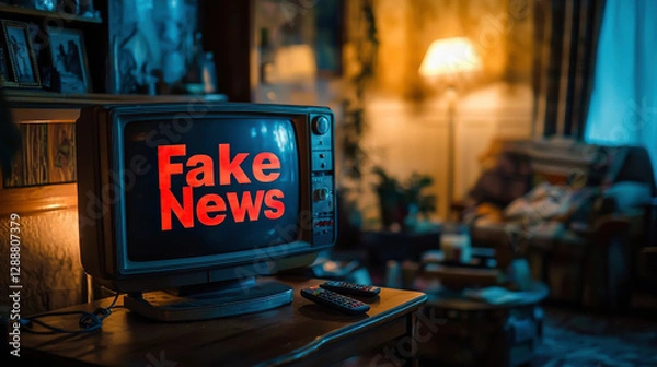 Obraz Television displaying bold red Fake News text in a dimly lit living room with a cozy atmosphere