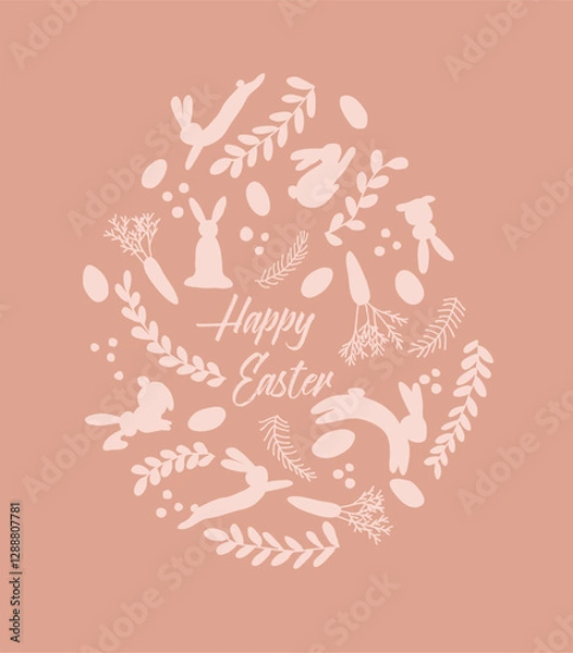Fototapeta Easter card, an ester egg made from rabbits, eggs and florals with a Happy Easter sign in it. Simple, stylish Easter design.
