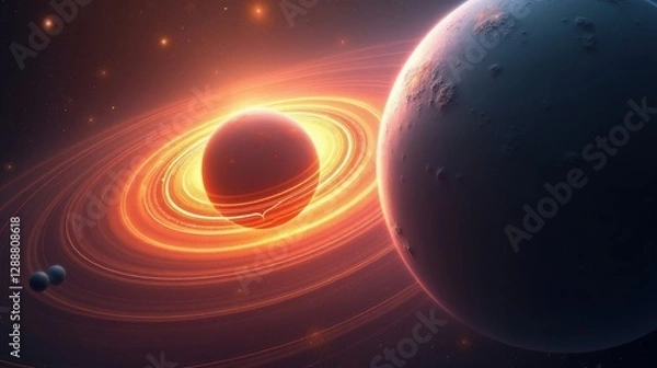 Fototapeta A binary world system where two planets are locked in a slow gravitational spiral, their atmospheres merging into a massive glowing vortex of color.