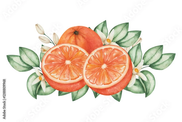Obraz Watercolor illustration. Hand painted oranges, grapefruits, tangerines with green leaves and flowers. Cut in half, slice, whole citrus fruits. Fresh juice ingredient. Food. Isolated clip art