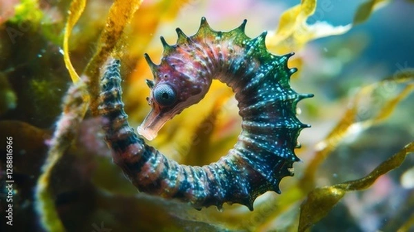 Fototapeta A beautiful seahorse gracefully twisting amongst vibrant seaweed. The intricate details of the seahorse capture the enchanting underwater world. Generative AI.