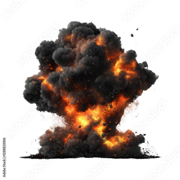 Fototapeta Large explosion creating black and orange smoke billowing into the sky during daylight hours isolated on transparent background..