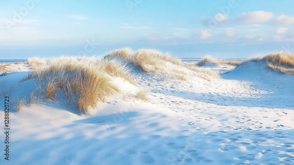 Fototapeta Peaceful beach dunes with dry grass under a soft blue sky at daytime