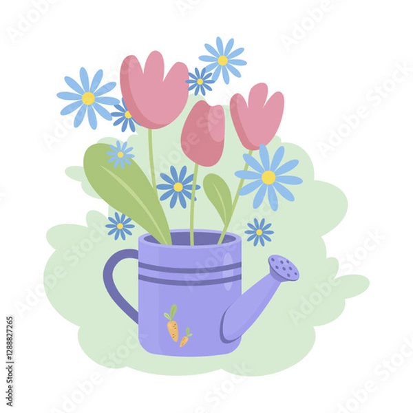Fototapeta Garden watering can with spring flowers, tulips, daisies, cornflowers. Universal greeting card template. Hand-drawn bouquet of flowers in a watering can, teapot. Vector illustration on a white backgro