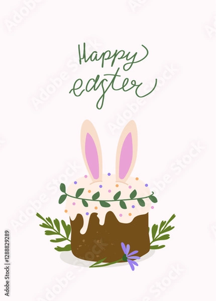 Obraz Happy Easter card with kulich. Trendy pastel greeting card with traditional orthodox pastry and spring flowers. Minimalistic and elegant vector design with hand drawn calligraphy