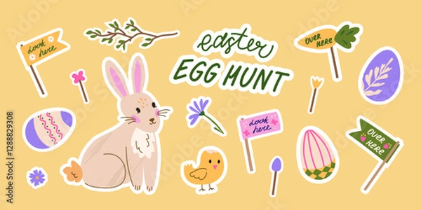 Fototapeta Easter Egg Hunt cute sticker collection. Isolated vector patches of bunnie, chick, decorated eggs, signs and navigation elements. Trendy and elegant patches with hand drawn illustrations