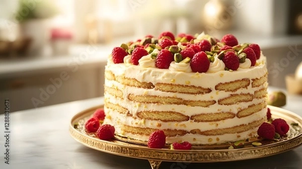 Fototapeta A close-up of a decadent sponge cake with layers of cream cheese frosting and fresh raspberries. Delicious sponge cake with creamy frosting.  A dreamy sponge cake with delicate layers. 