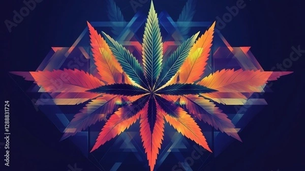 Fototapeta Vibrant Cannabis Leaf Art with Geometric Background, Colorful and Modern