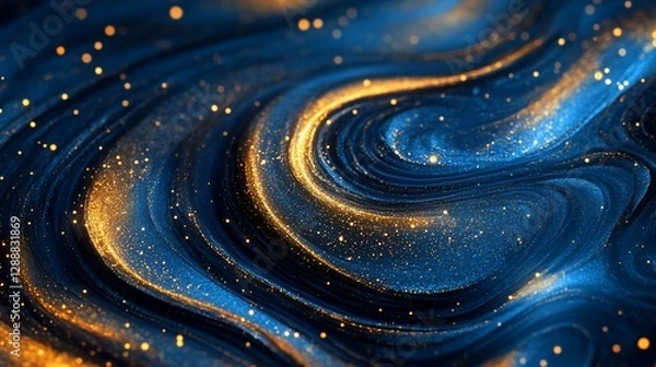 Fototapeta Abstract Swirling Galaxy of Deep Blues and Golden Glittering Lights