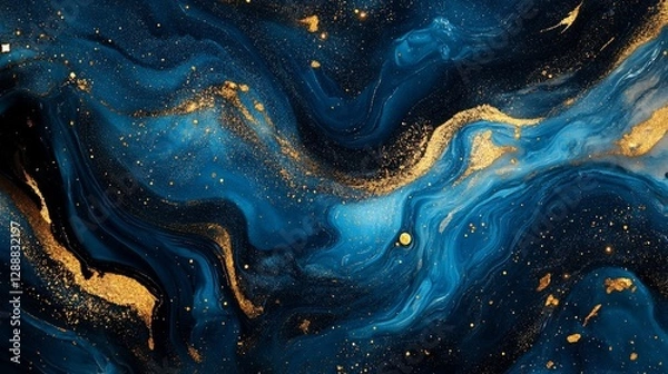 Fototapeta Elegant Blue and Gold Abstract Swirls with Glittering Highlights Texture