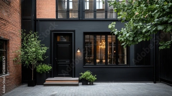 Fototapeta Modern black house facade with large windows, brick walls, and lush greenery, creating a stylish and elegant exterior