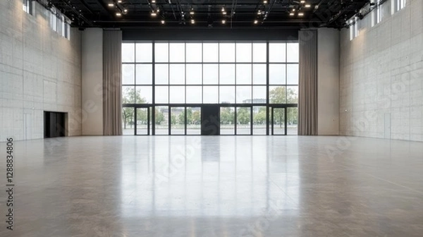 Fototapeta Modern event hall interior, large window, city view, empty space