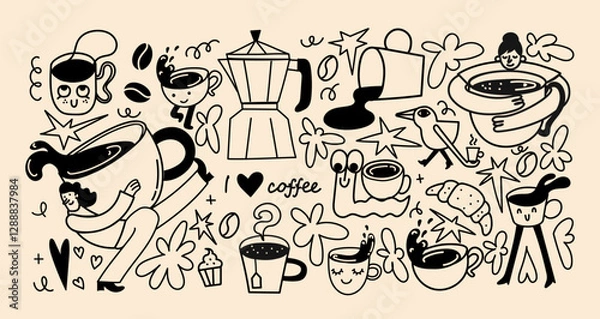 Fototapeta Coffee house, cafeteria, cafe stickers with cute lettering quotes, mugs and takeaway cups vector illustration set isolated on the background. Menu design elements, logo and badges collection