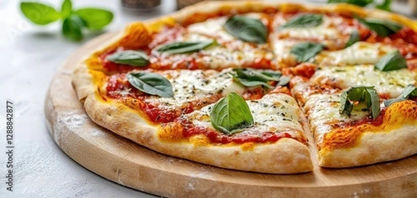 Fototapeta Closeup of homemade Margherita pizza with a perfectly baked crust, fresh toppings, and a cozy kitchen backdrop with herbs and spices