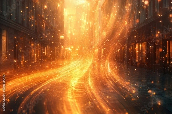 Obraz A magical, glowing city street at night, with swirling light trails and sparkling particles.